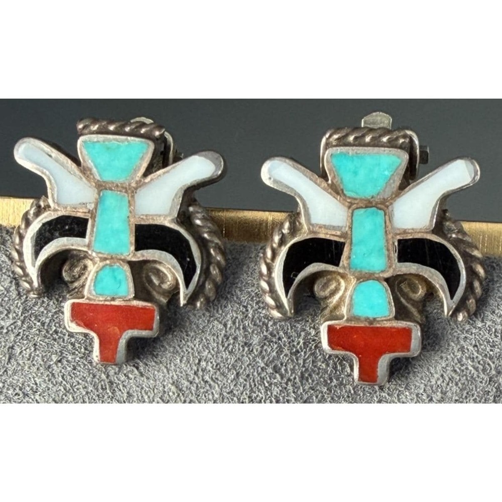 Vintage Southwestern Thunderbird Earrings Clip Sterling Silver Stone Inlay 5/8"